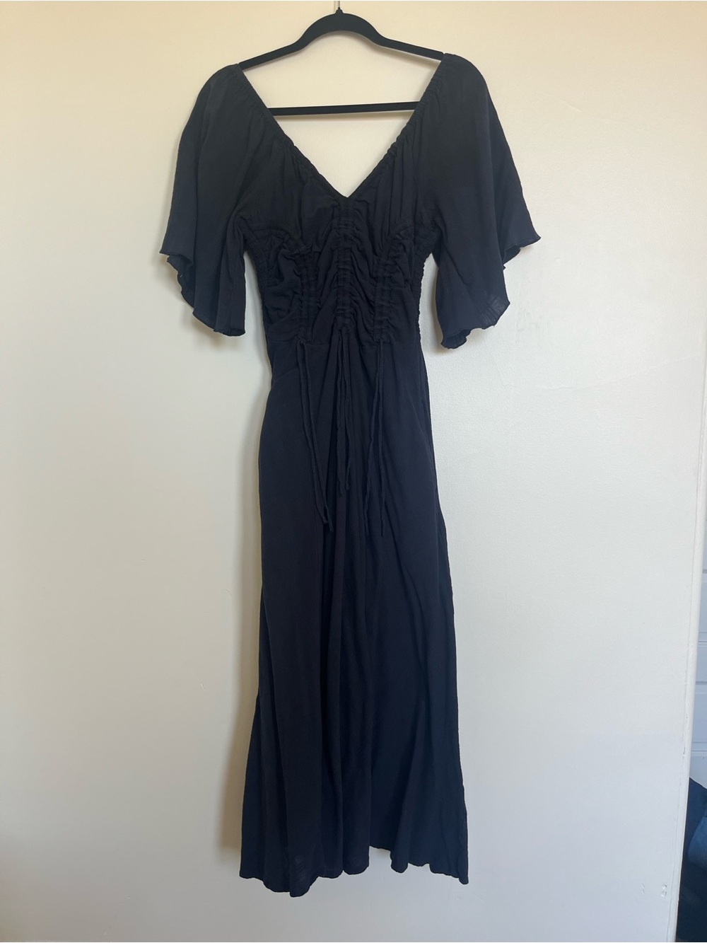 Free People Black Midi Dress with Ruched Bodice